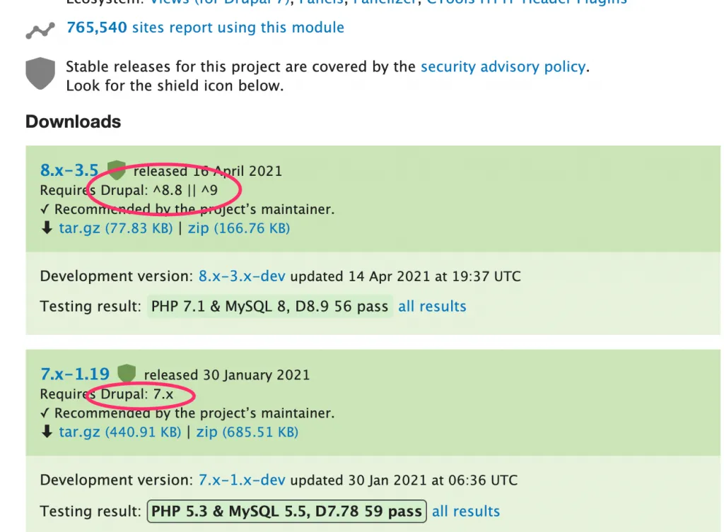 Screenshot of version information on Drupal.org