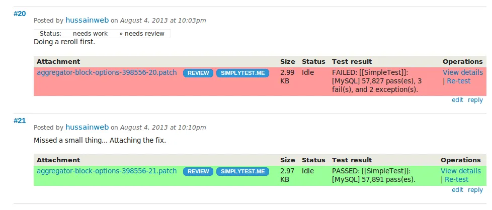 Passing tests will mark the patch with green whereas failing tests will mark it with red. Here, you can see how a mistake was caught by the testbot.