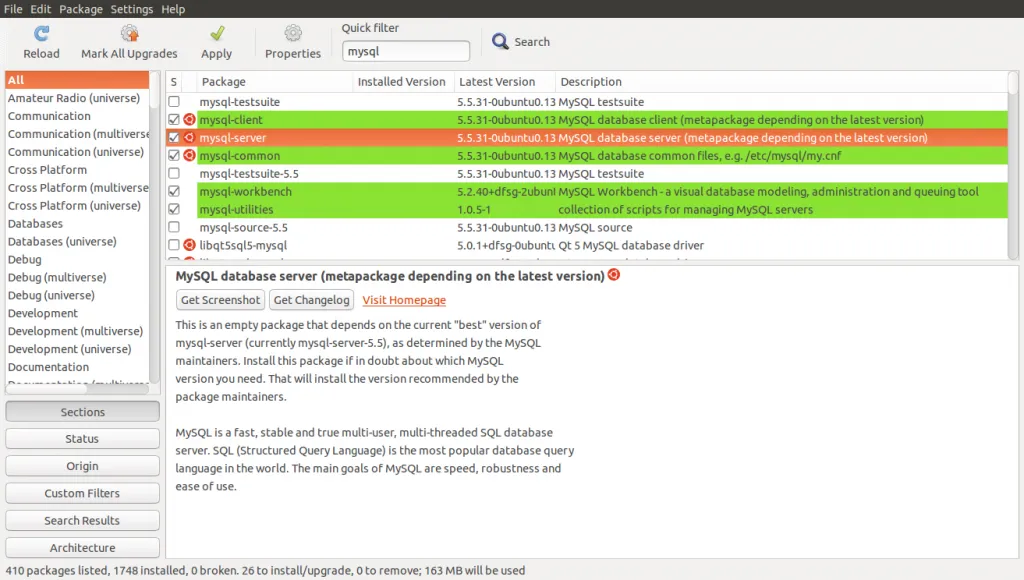 Install both mysql-server and mysql-client packages. You can also consider installing mysql-workbench.