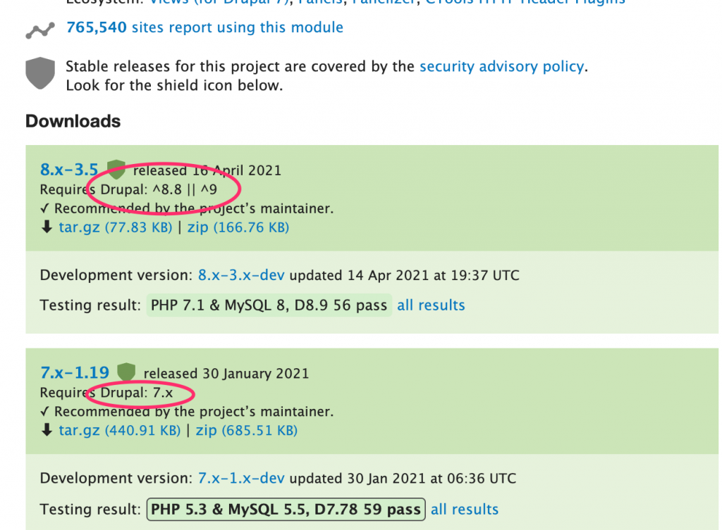 Screenshot of version information on Drupal.org